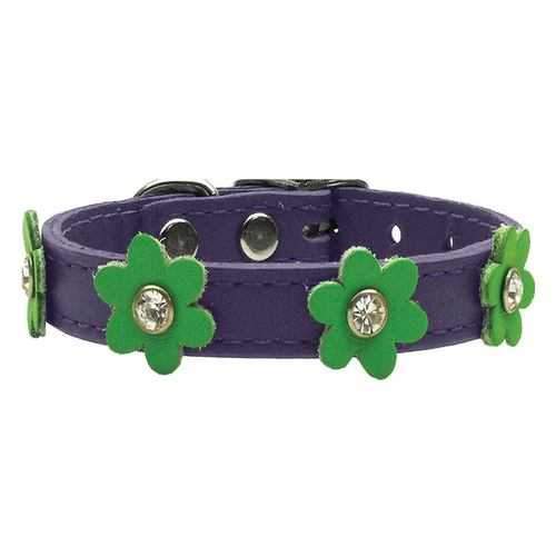 Flower Purple Leather Dog Collar - Lime Green Flowers