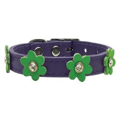 Flower Purple Leather Dog Collar - Lime Green Flowers