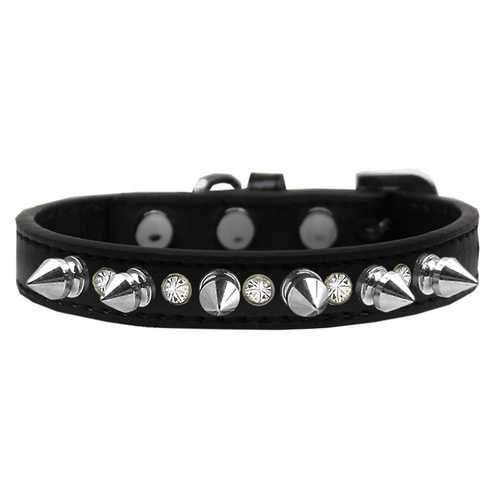 Crystals and Silver Spikes Dog Collar - Black