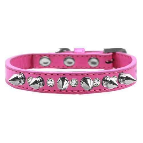 Crystals and Silver Spikes Dog Collar - Bright Pink