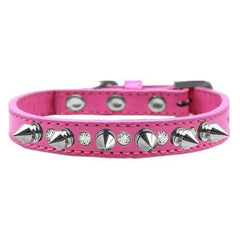 Crystals and Silver Spikes Dog Collar - Bright Pink