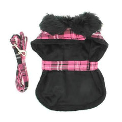 Plaid Fur-Trimmed Dog Harness Coat - Hot Pink and Black by Doggie Design