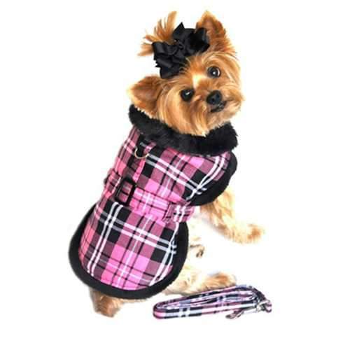 Plaid Fur-Trimmed Dog Harness Coat - Hot Pink and Black by Doggie Design