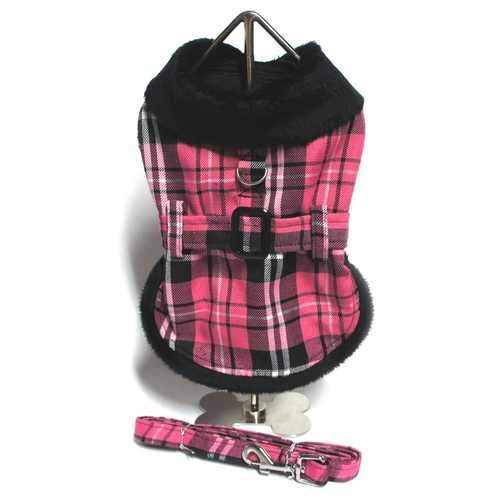 Plaid Fur-Trimmed Dog Harness Coat - Hot Pink and Black by Doggie Design