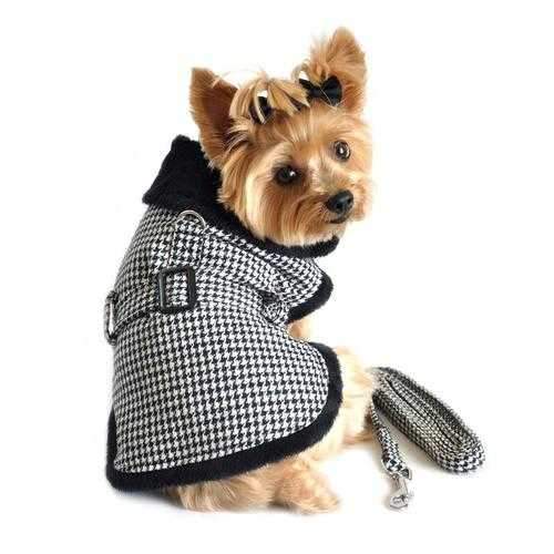 Black and White Classic Houndstooth Dog Harness Coat with Leash