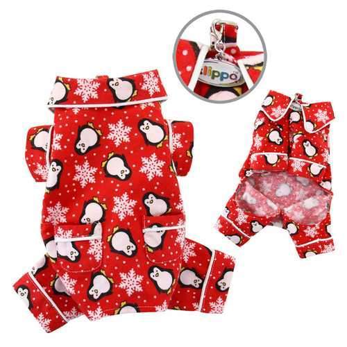 Penguins and Snowflakes Flannel Dog Pajamas - Red