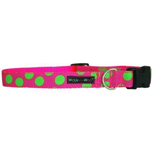 WaLk-e-Woo Neon Green Dot on Pink Dog Collar