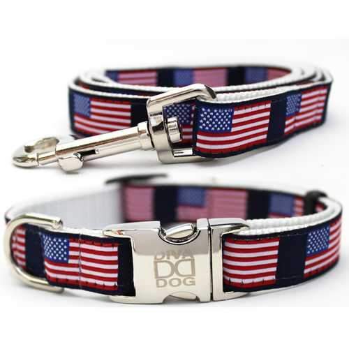 Stars n Stripes Dog Collar and Leash Set by Diva Dog