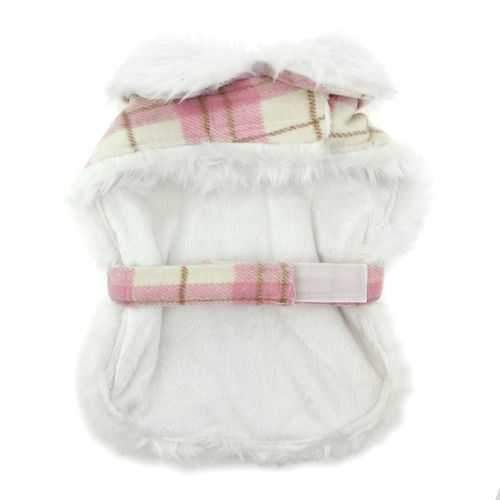 Plaid Fur-Trimmed Dog Harness Coat - Pink and White