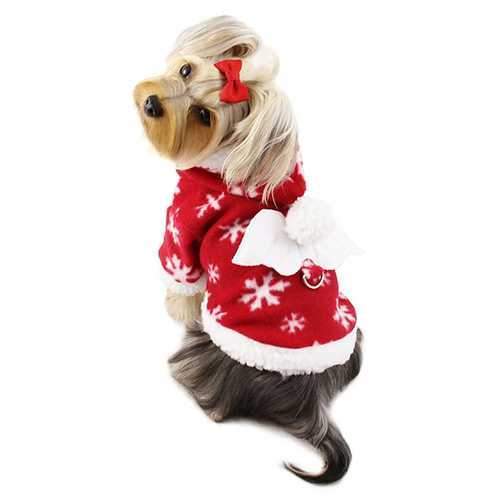Snowflake Fleece Dog Hoodie with Angel Wings by Klippo - Red