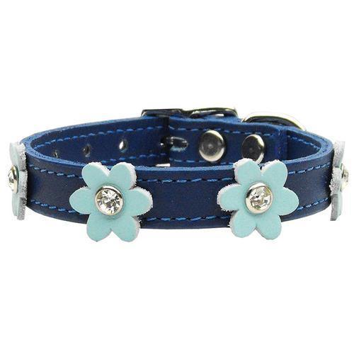 Flower Blue Leather Dog Collar - Baby Blue Flowers