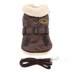 Brown and Black Faux Leather Bomber Dog Coat Harness and Leash by Doggie Design